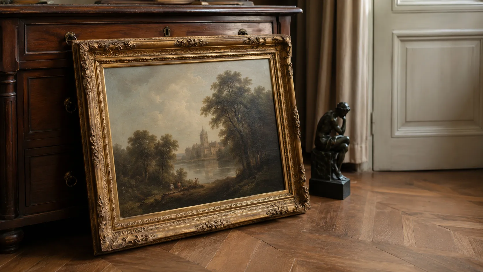 Objets anciens — pendule, porcelaine et tableaux